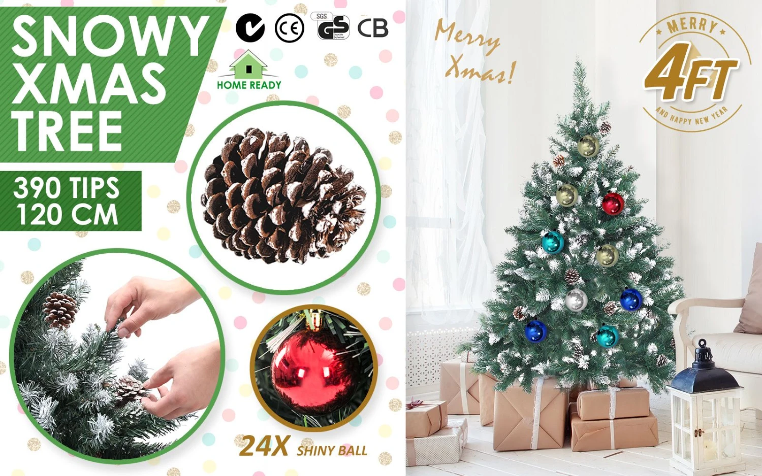 Snowy Christmas Tree Xmas Pine Cones 4Ft 120cm 390 Tips + Bauble Balls 4 Snowy Christmas Tree Xmas Pine Cones 4Ft 120cm 390 Tips + Bauble Balls - Image 2