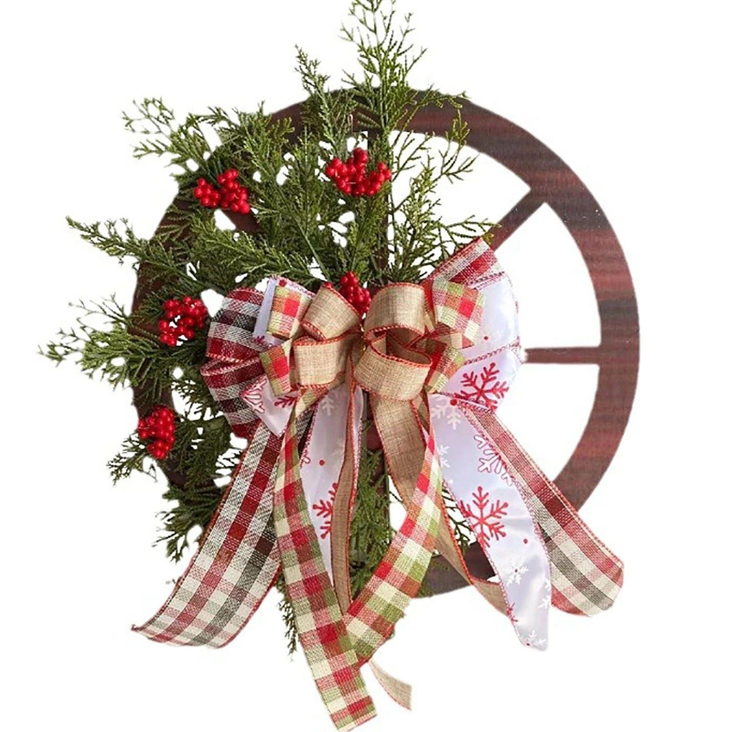 Christmas Red Wooden Wheel Wreath Front Door Hanging Garland Wall Decor(30*30cm) 3 Christmas Red Wooden Wheel Wreath Front Door Hanging Garland Wall Decor(30*30cm)