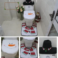 4pcs Christmas Toilet Seat Cover Rug Bathroom Set Santa Snowman Xmas Home Décor, Snowman A