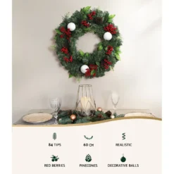 Jingle Jollys 2FT 60CM Christmas Wreath With Decor Xmas Tree Decoration -Dolce & Gabbana Sales Shop xm tr wre 2ft berry red 86887 02
